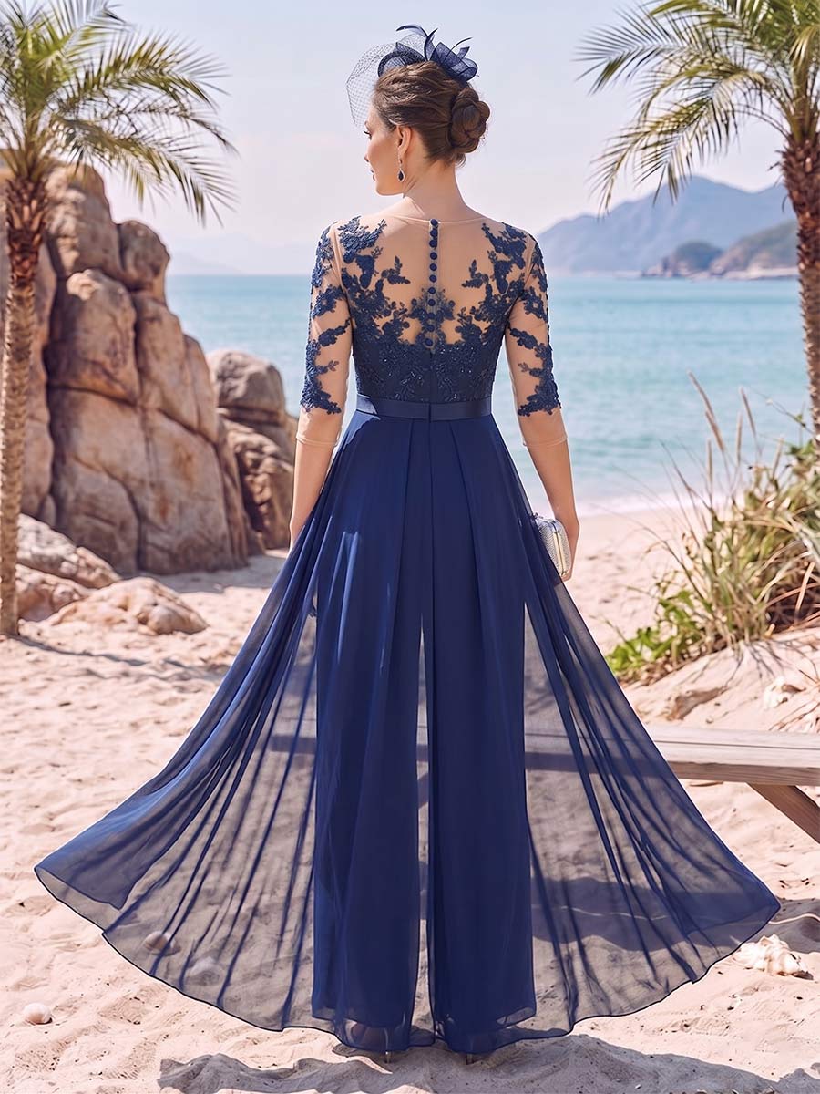 Evangeline Pearl Navy Blue back view mother of the bride dress