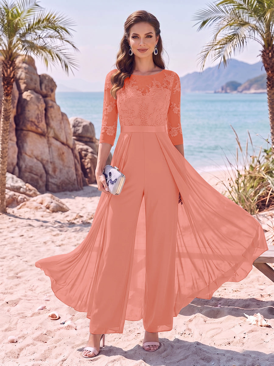 Evangeline Pearl Coral back view mother of the bride dress
