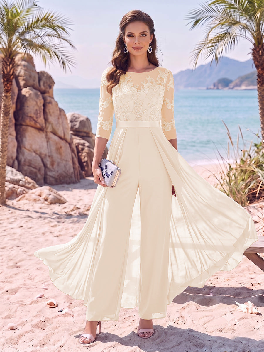 Evangeline Pearl Champagne front view mother of the bride dress