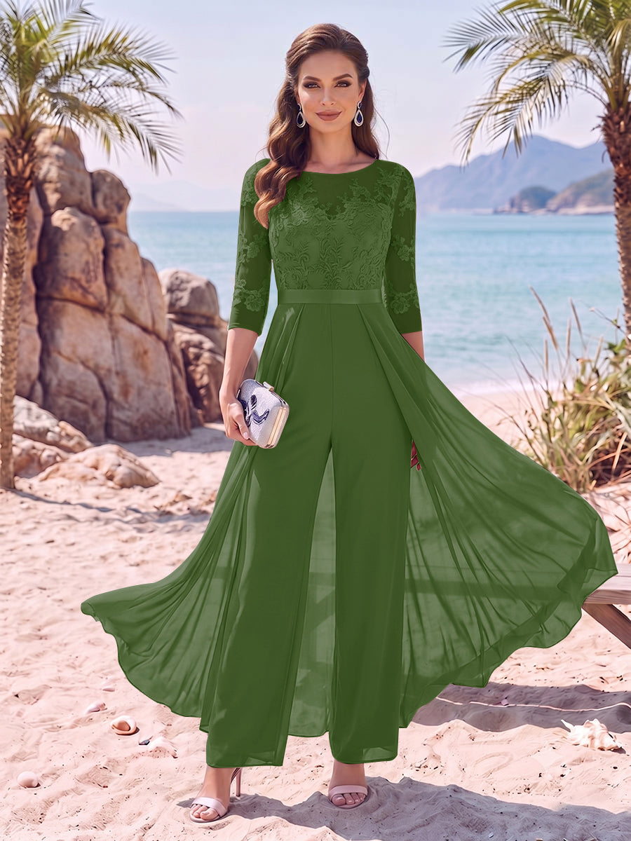 Evangeline Pearl Olive Green front view mother of the bride dress