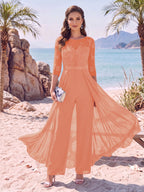 Evangeline Pearl Coral front view mother of the bride dress