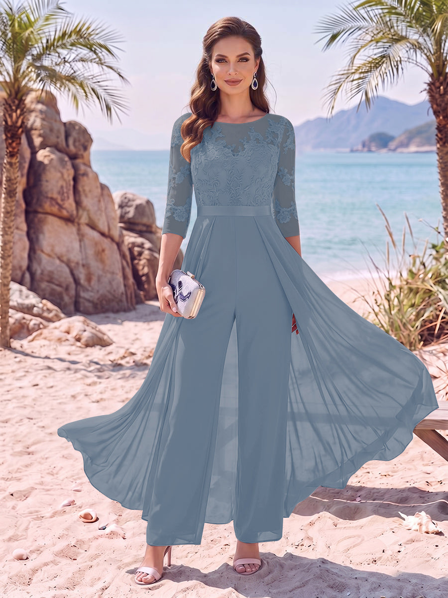Evangeline Pearl Steel Blue front view mother of the bride dress