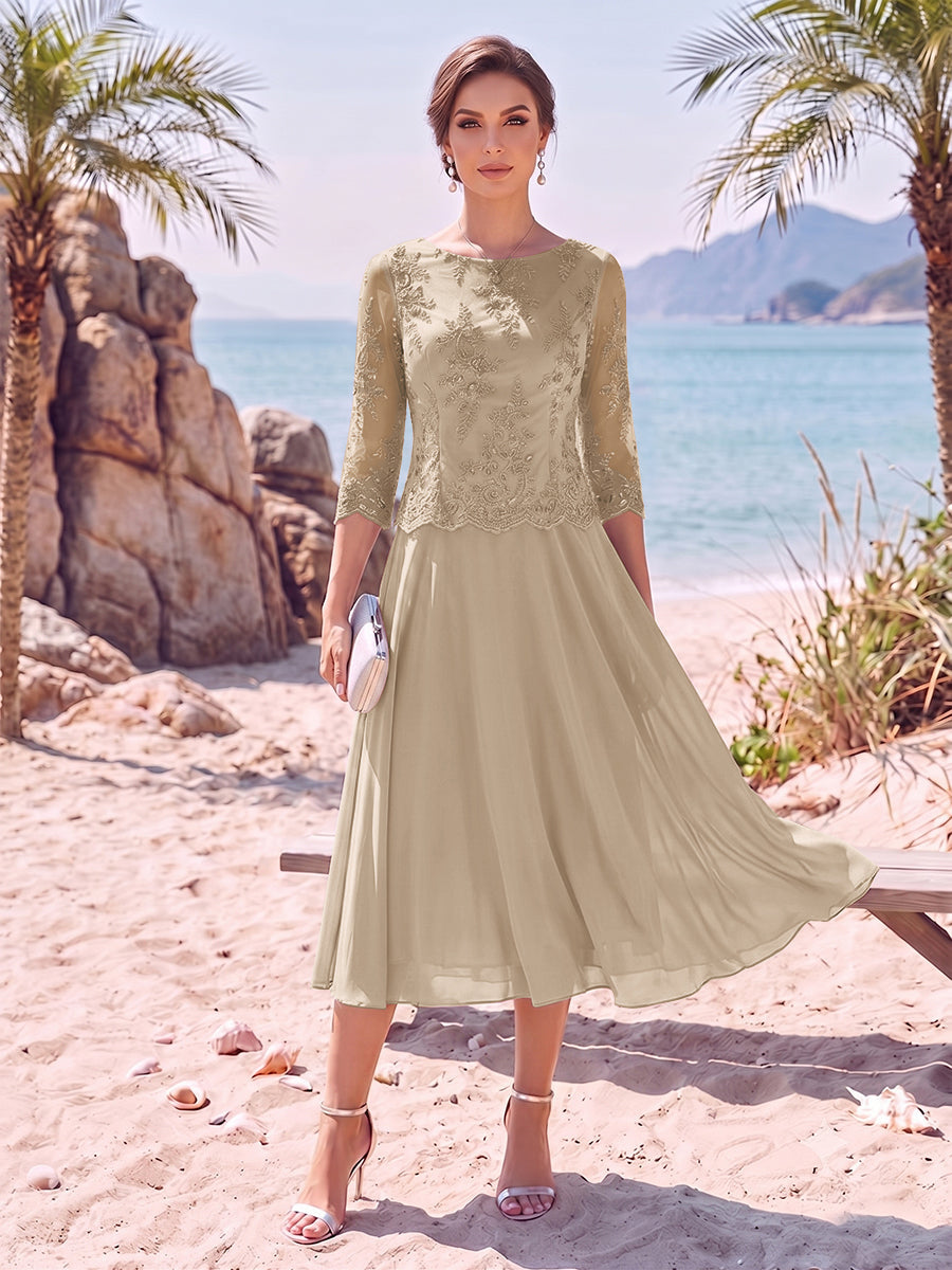 Evelina taupe front view mother of the bride dress