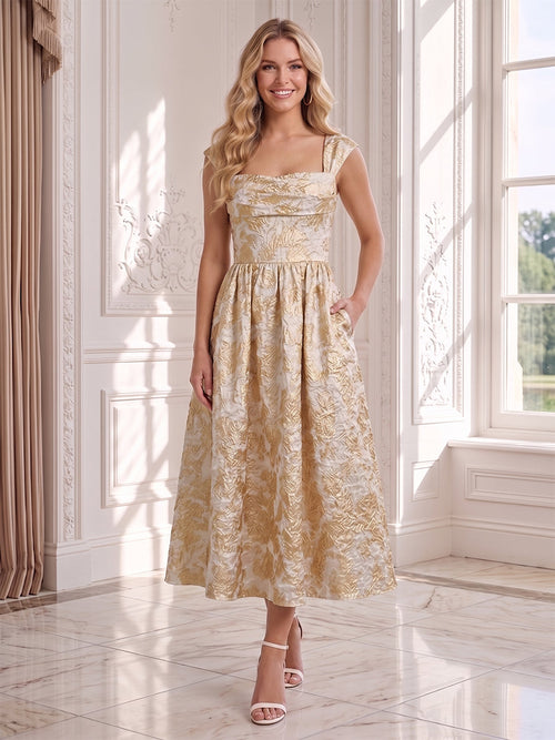 Adelia Gold front view wedding guest dress