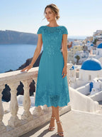Solenne ocean blue front view mother of the bride dress