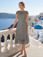 Solenne steel grey front view mother of the bride dress