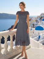 Priscilla Fern Dusty Blue back view mother of the bride dress
