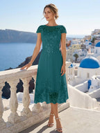 Solenne teal front view mother of the bride dress