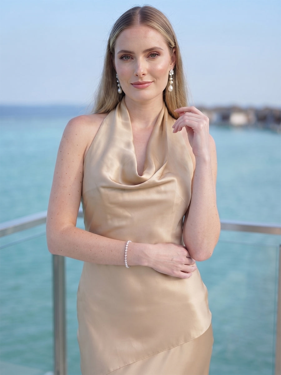Thalia Champagne side view wedding guest dress