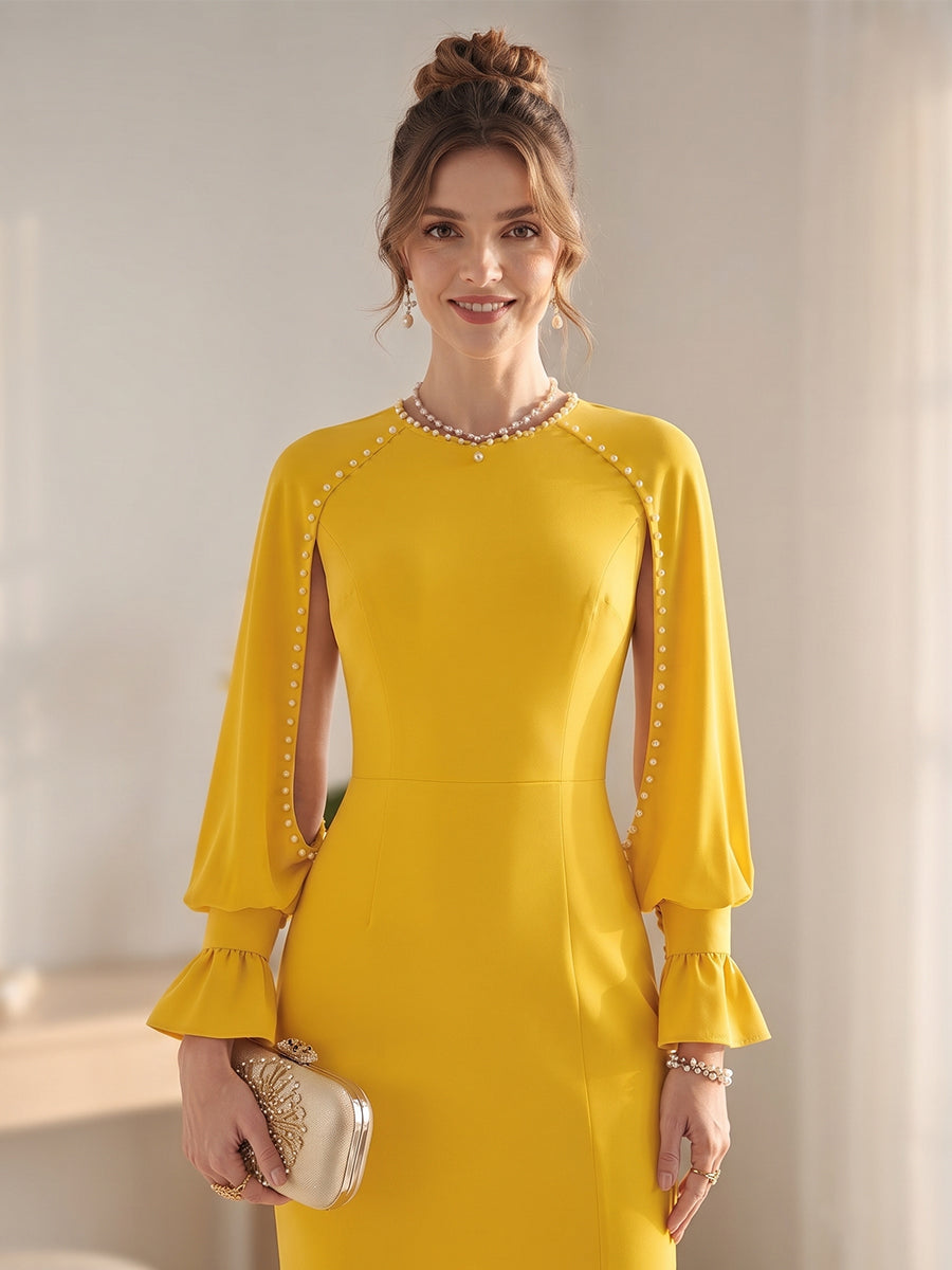Aurelia Skye Gold side view wedding guest dress
