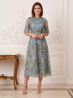 Elara Noelle Dusty Blue front view wedding guest dress