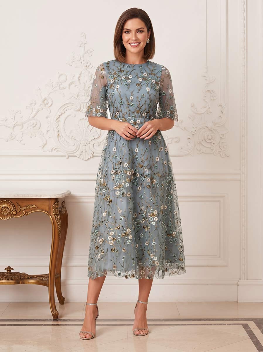 Elara Noelle Dusty Blue front view wedding guest dress