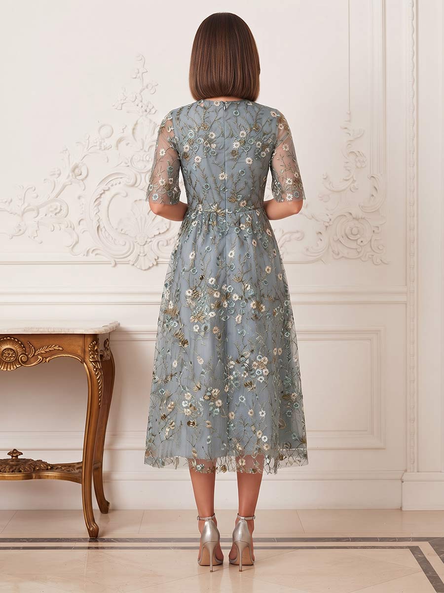 Elara Noelle Dusty Blue back view wedding guest dress