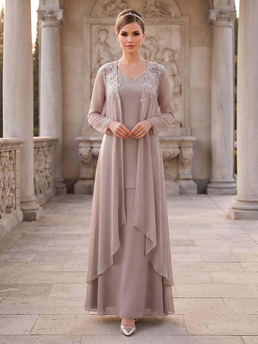 Noemie taupe front view mother of the bride dress