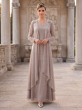 Noemie taupe front view mother of the bride dress