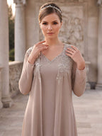 Noemie taupe side view mother of the bride dress