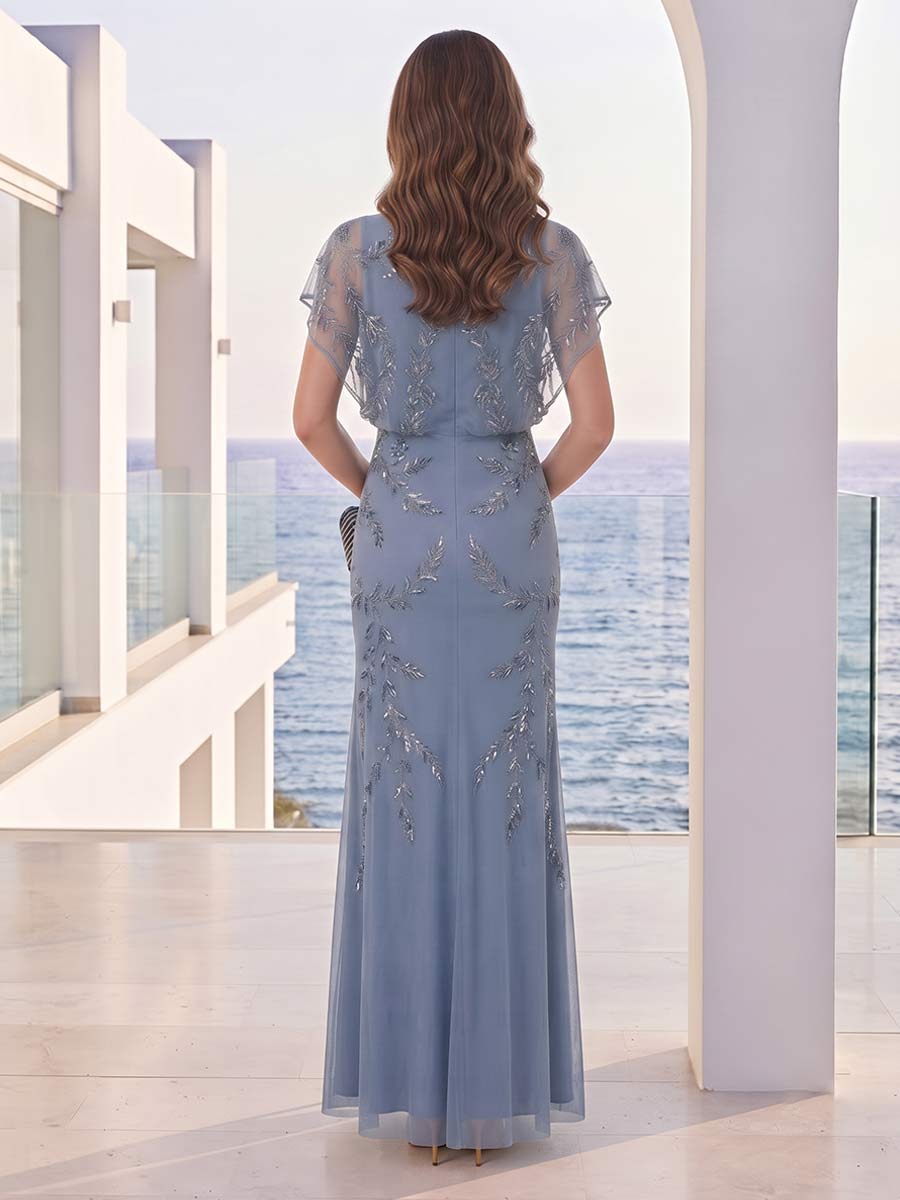 Berenice Dawn Dusty Blue back view mother of the bride dress