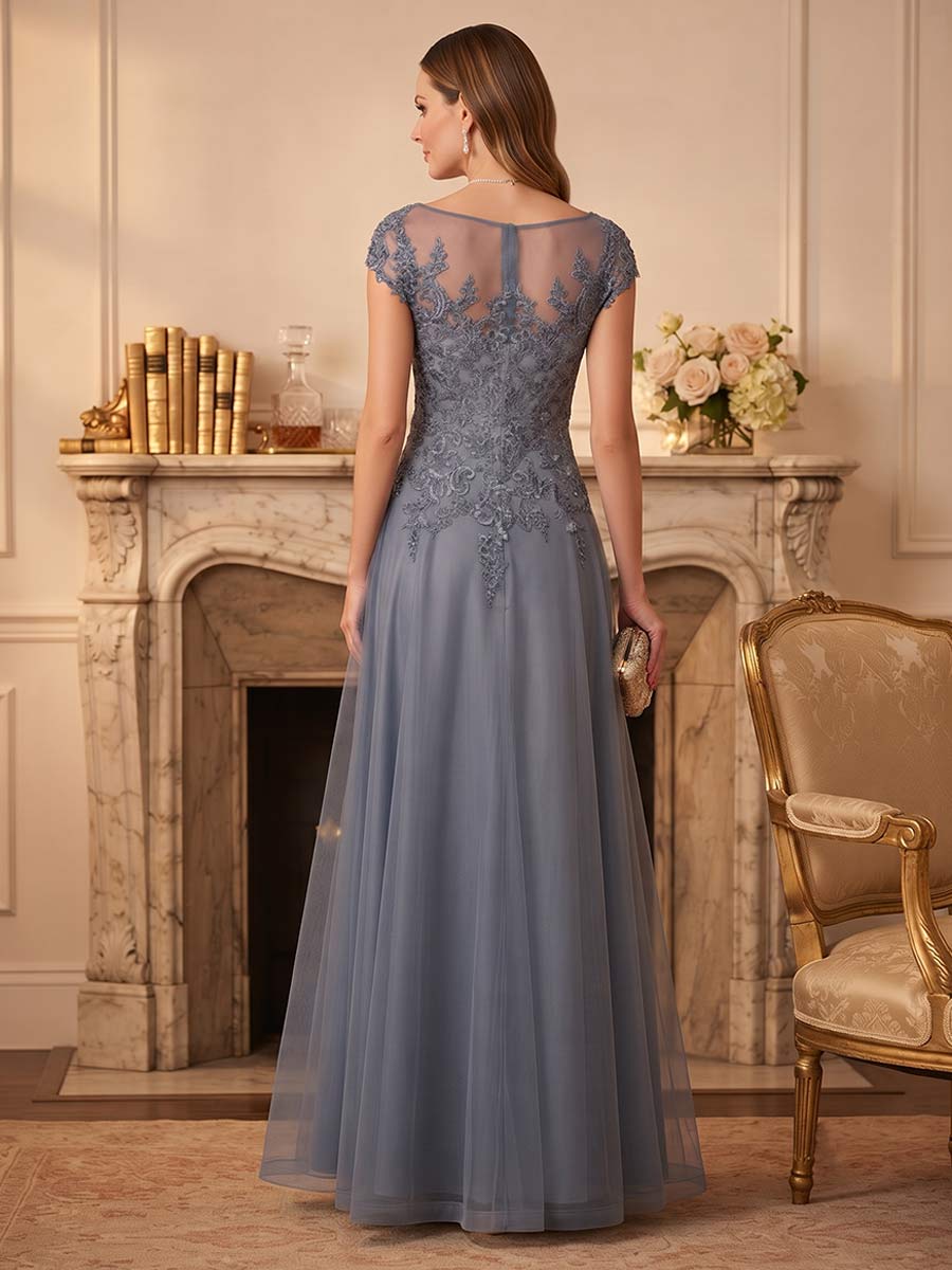Colette dusty blue back view mother of the bride dress