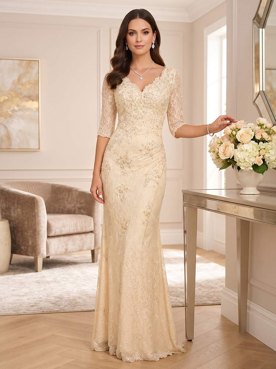 Delphine Skye Champagne front view mother of the bride dress
