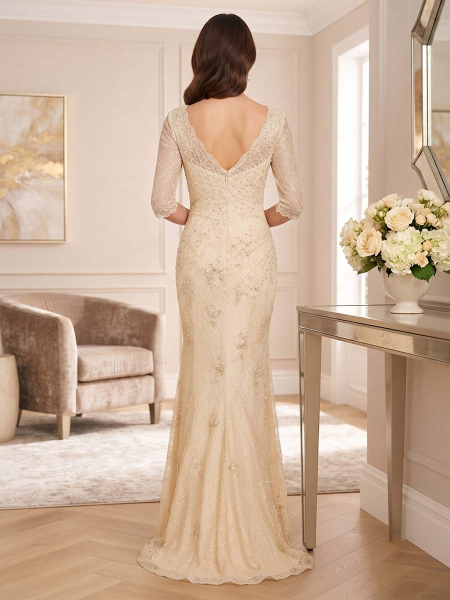 Delphine Skye Champagne back view mother of the bride dress