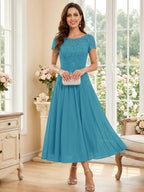 Verena Pearl Ocean Blue front view mother of the bride dress