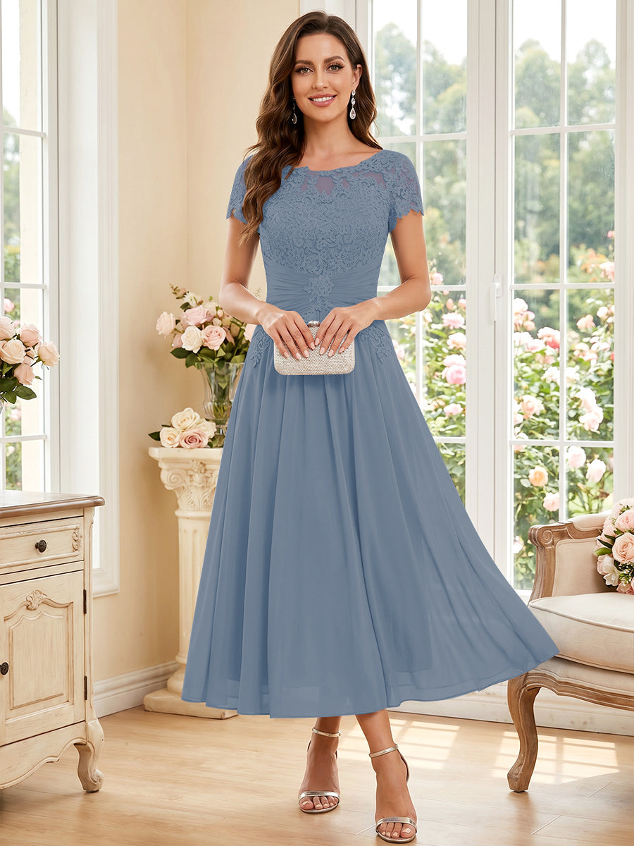 Verena Pearl Steel Blue front view mother of the bride dress