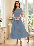 Verena Pearl Steel Blue front view mother of the bride dress