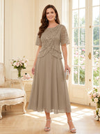 Tabitha Bloom Taupe front view mother of the bride dress