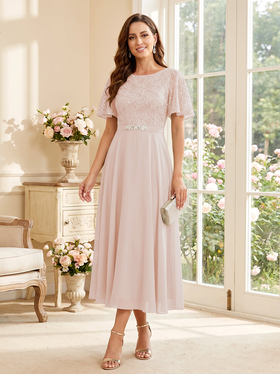 Elodie pearl pink front view mother of the bride dress