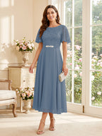 Elodie steel blue front view mother of the bride dress