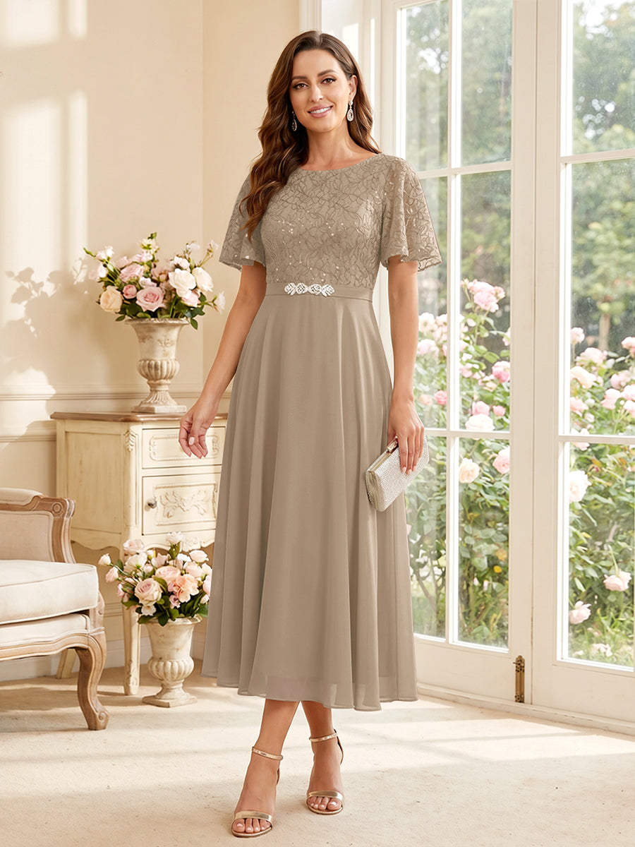 Elodie taupe front view mother of the bride dress