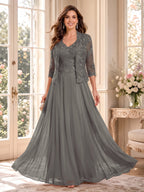 Imelda Grace Steel Grey front view mother of the bride dress