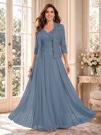 Imelda Grace Steel Blue front view mother of the bride dress