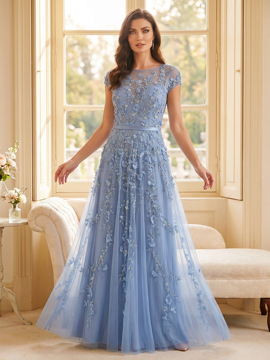 Melisande Wren Dusty Blue front view mother of the bride dress