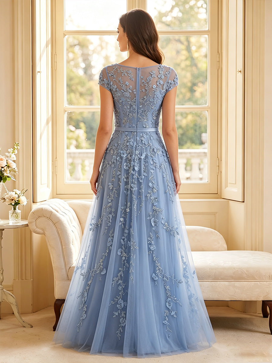 Melisande Wren Dusty Blue back view mother of the bride dress