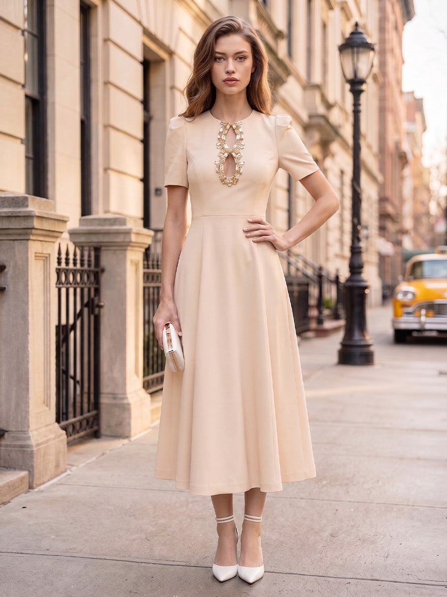 Quilla Nude front view wedding guest dress