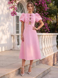 Evelina Grey Rose Pink front view wedding guest dress