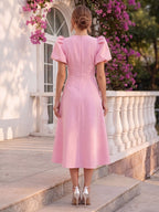 Evelina Grey Rose Pink back view wedding guest dress
