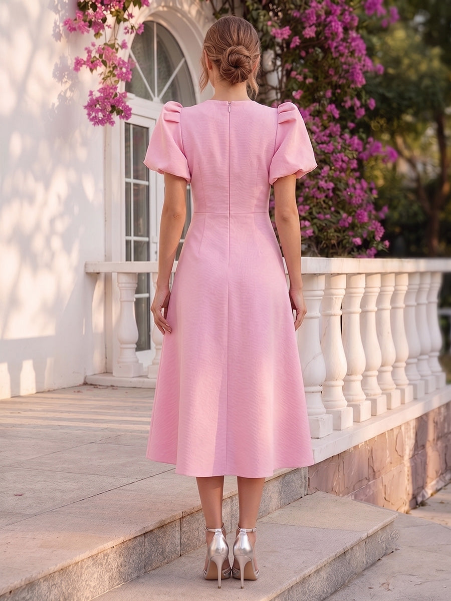 Evelina Grey Rose Pink back view wedding guest dress