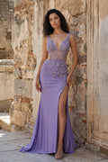 Charming Mermaid V Neck Sage Green Slit Formal Prom Gown with Appliques