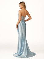 Ink Blue Satin Mermaid Evening Dress with Sweetheart Neckline and Beading