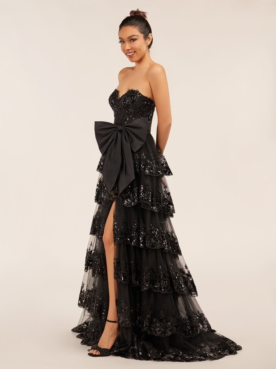 Sweetheart Light Blue Lace Appliques Ruffle Long Formal Gown