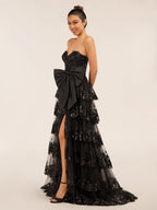 Sweetheart Light Blue Lace Appliques Ruffle Long Formal Gown