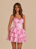 Sky Blue A Line Sweetheart Floral Chiffon Corset Ruffled Homecoming Dresses
