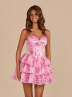 Sky Blue A Line Sweetheart Floral Chiffon Corset Ruffled Homecoming Dresses