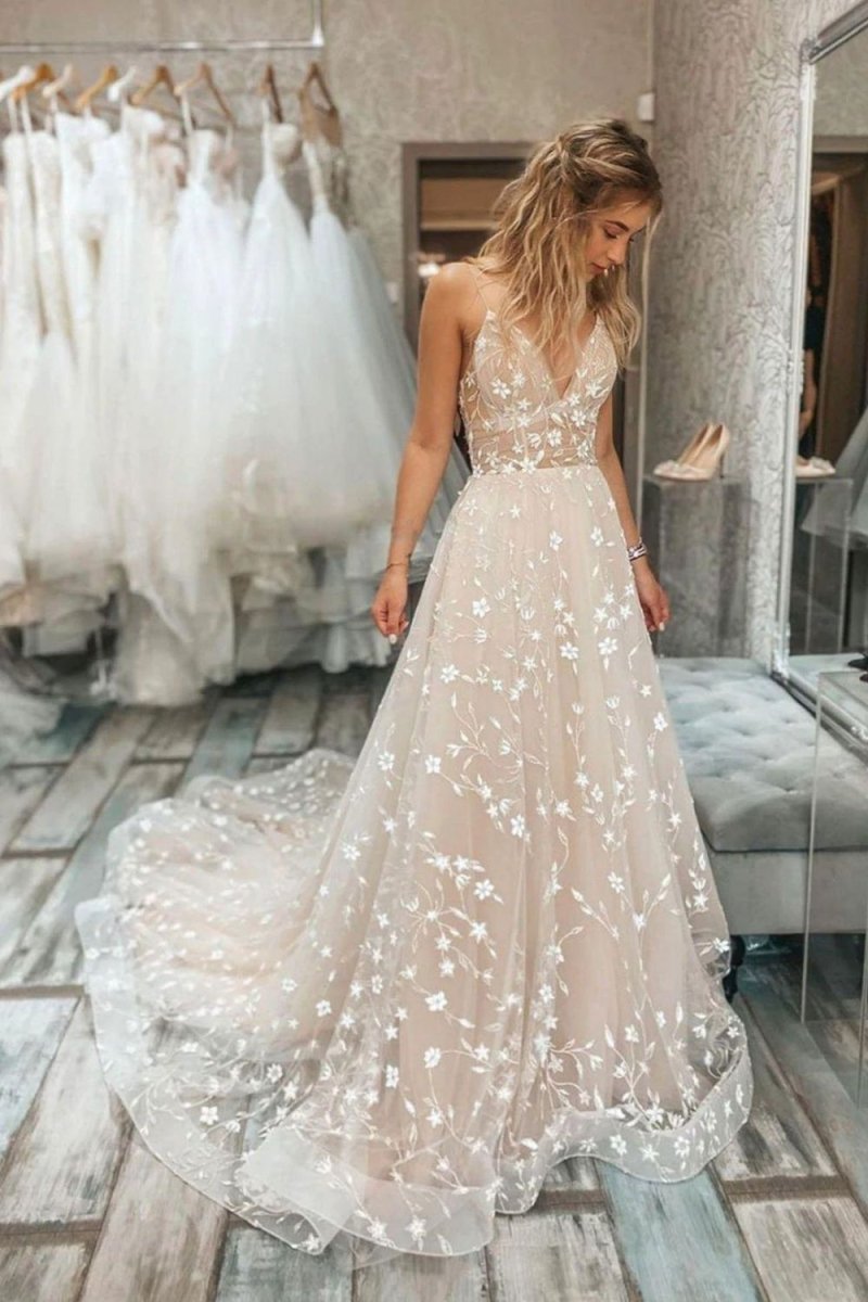 White Tulle A-Line Wedding Dress with Spaghetti Straps Neckline and Lace Up