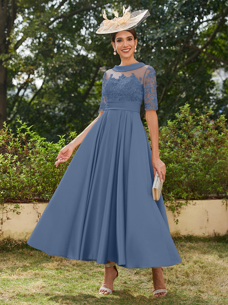 Sabrina Claire Steel Blue front view mother of the bride dress