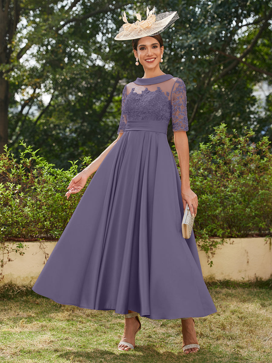 Sabrina Claire Dusty Blue back view mother of the bride dress