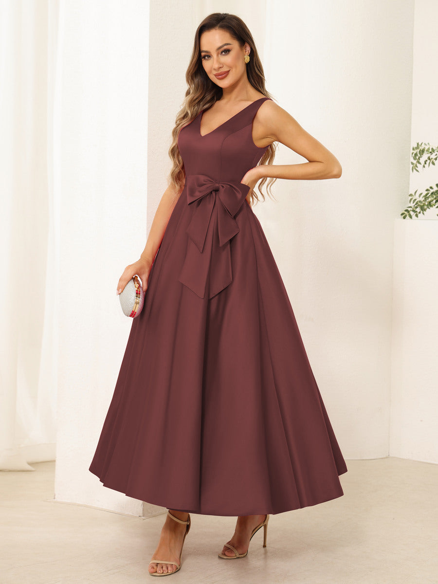 Fiora Lane Burgundy front view wedding guest dress