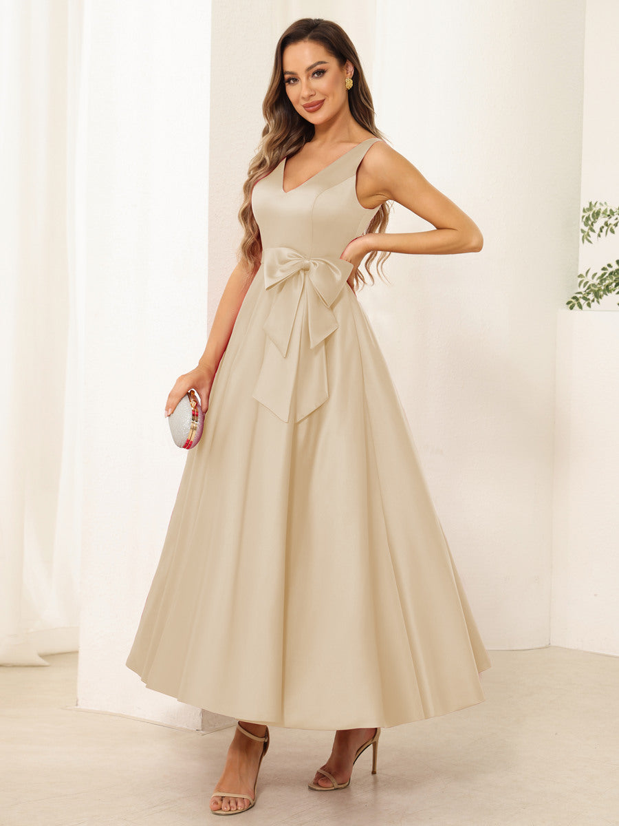 Fiora Lane Champagne front view wedding guest dress
